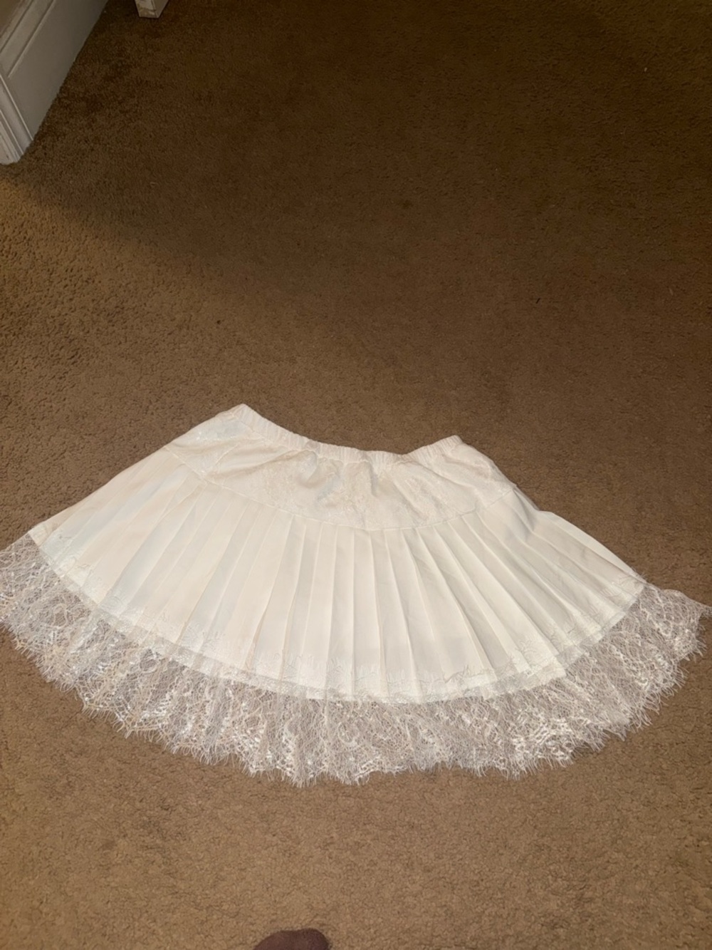 White Pleated Mini Skirt with Lace Trim